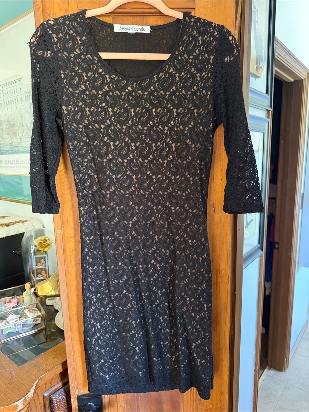 Lovers + Friends Black Floral Lace Sheath Dress with Three-Quarter Sleeves